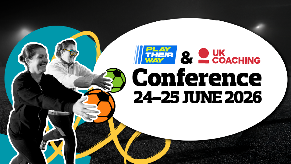 An image showing that UK Coaching's Conference will be held on the 24-25 of June in 2026. Next to the information, two women hold cartoon footballs and are smiling.