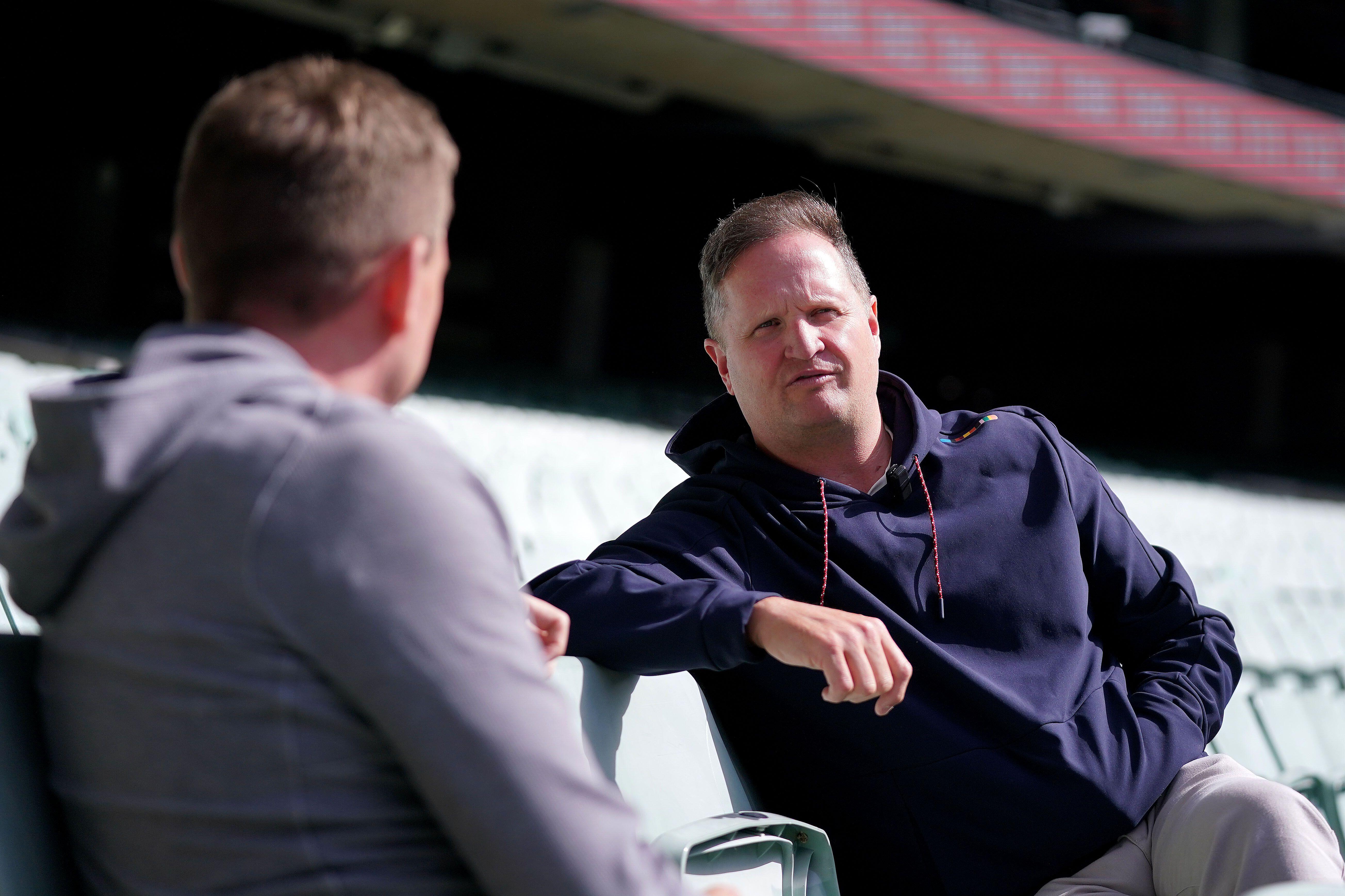 England cricket Managing Director Rob Key speaks to a reporter at a cricket ground