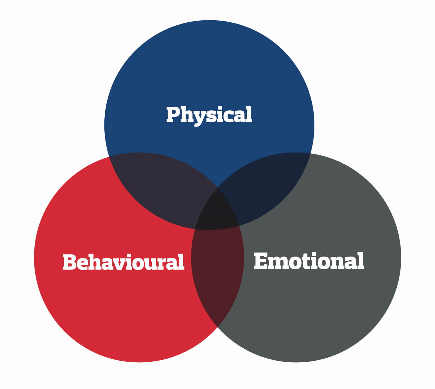 Interlocking circles reading 'physical,' 'behavioural' and 'emotional'