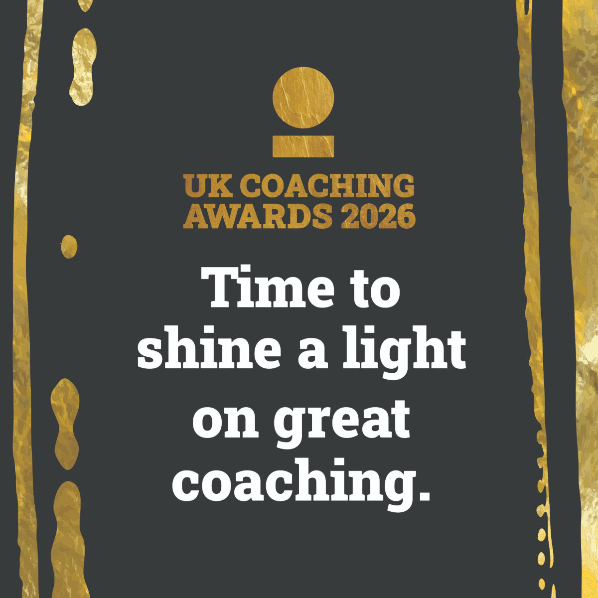 The cover of UK Coaching's 2026 UK Coaching wards Promotional Pack. In Black and gold, it reads 'Time to shine a light on great coaching.'