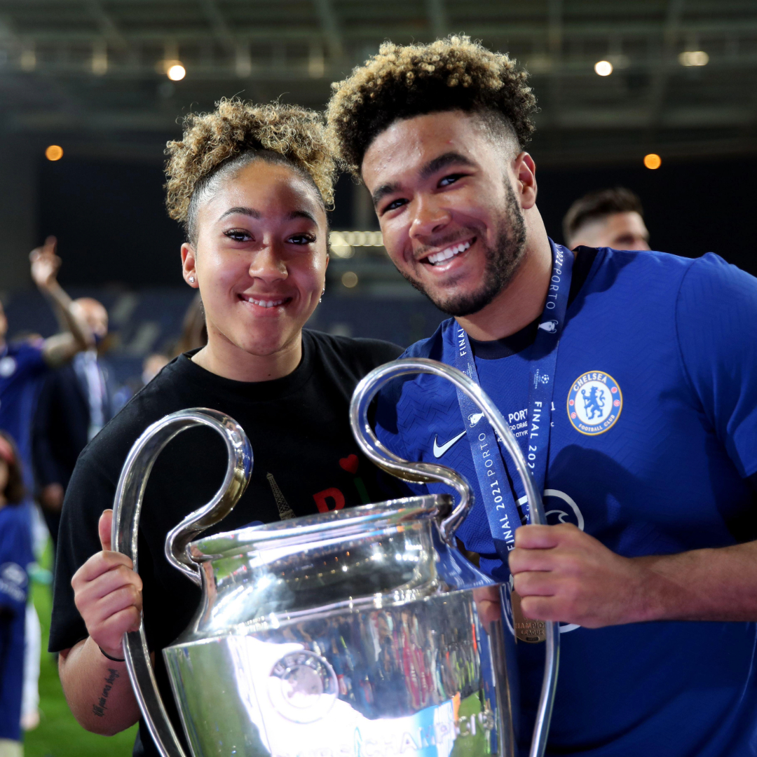 Lauren James and Reece James celebrate Chelsea's UEFA Champions League win in 2021